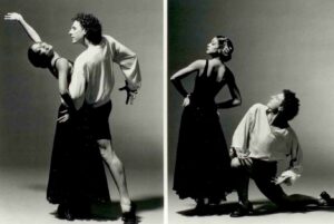 Two photos, left has dancers embracing and right both dancers looking up to upper left corner