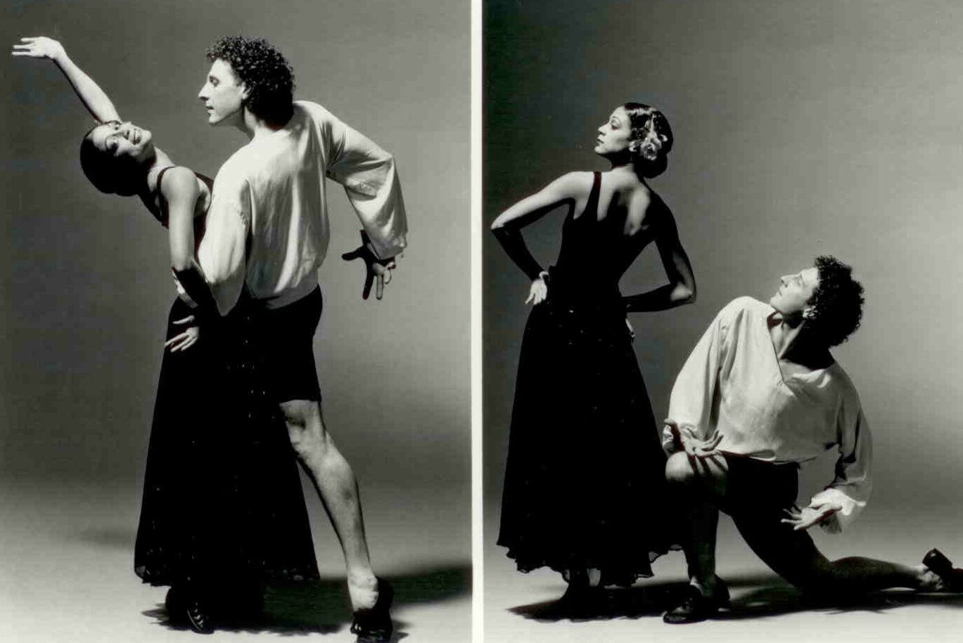1990s: 2 images with a duet; left dancers embracing, right both look up to high diagonal.