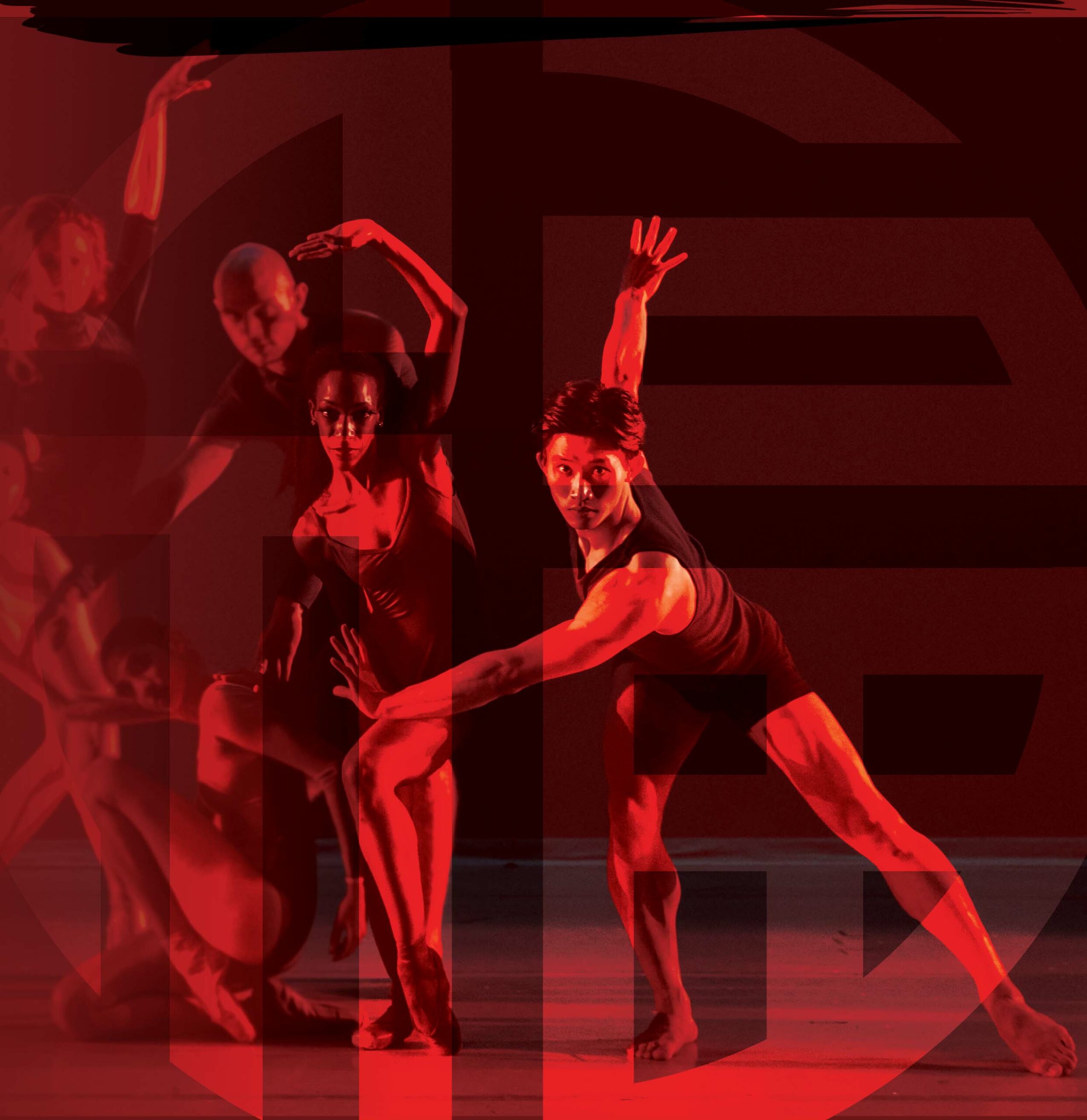 Company dancers posing behind transparent red filter.