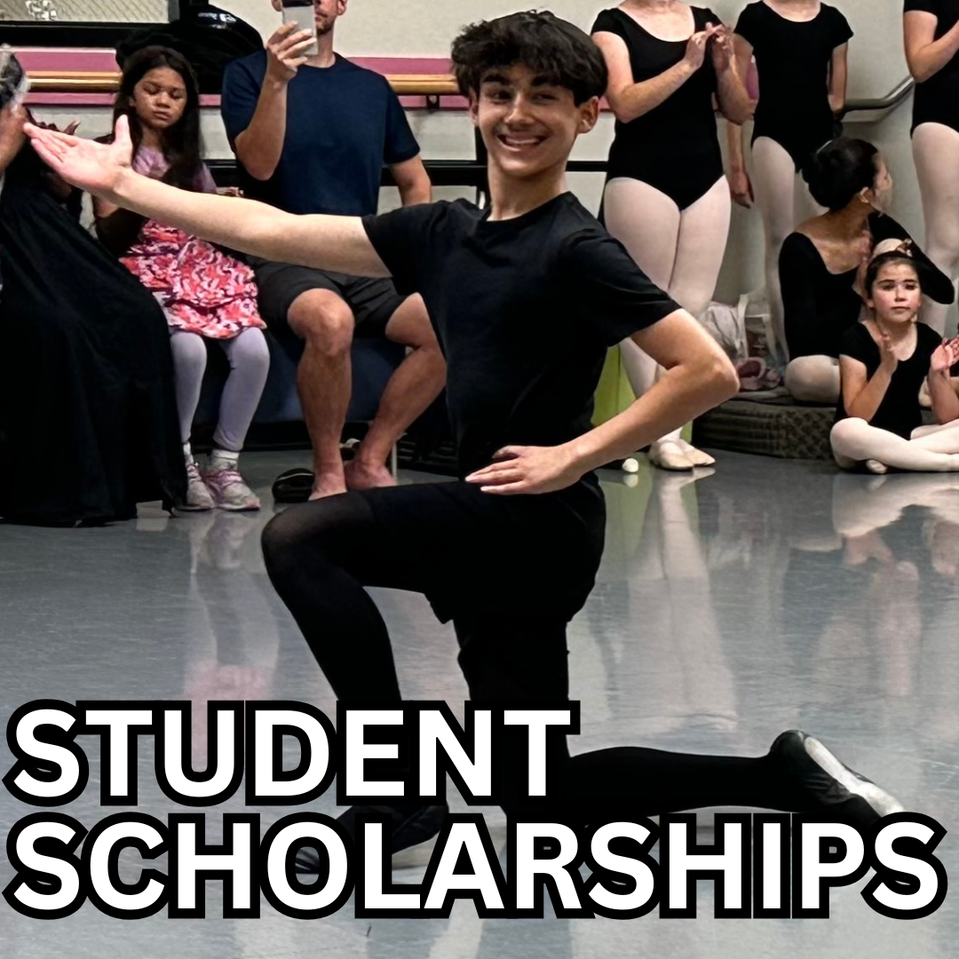 Student dancer kneeling on ground with arm outstretched and smiling with the words "Student Scholarships" written in front.