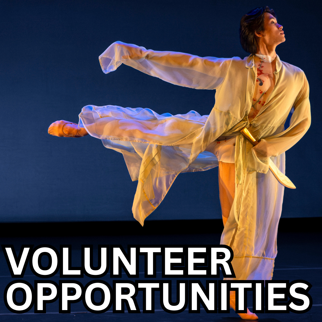 Dancer looking to the right in an arabesque and flowy white clothing with the words "Volunteer Opportunities" written in front.