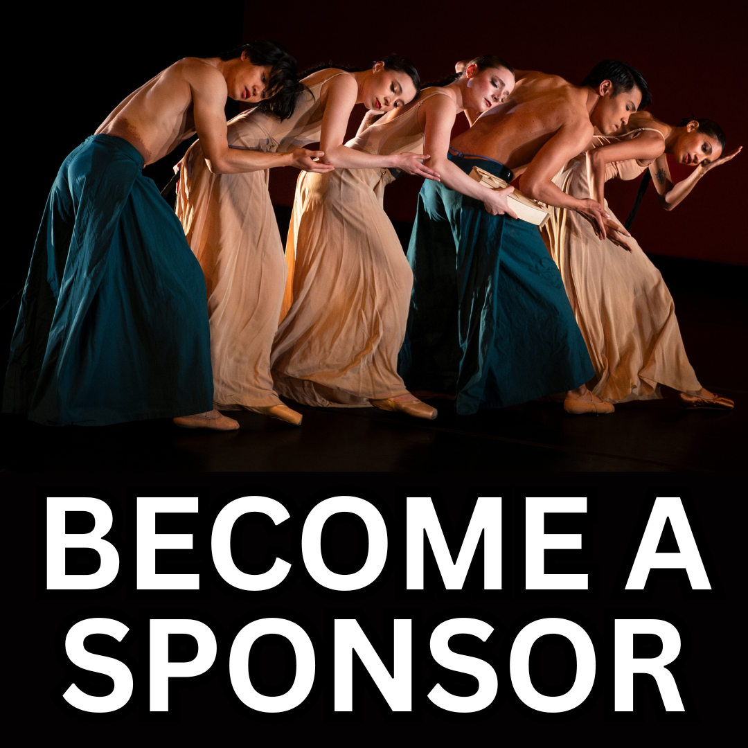 Dancers in a line leaning on one another in tan and dark teal clothing with the words "Become a Sponsor" written in front.