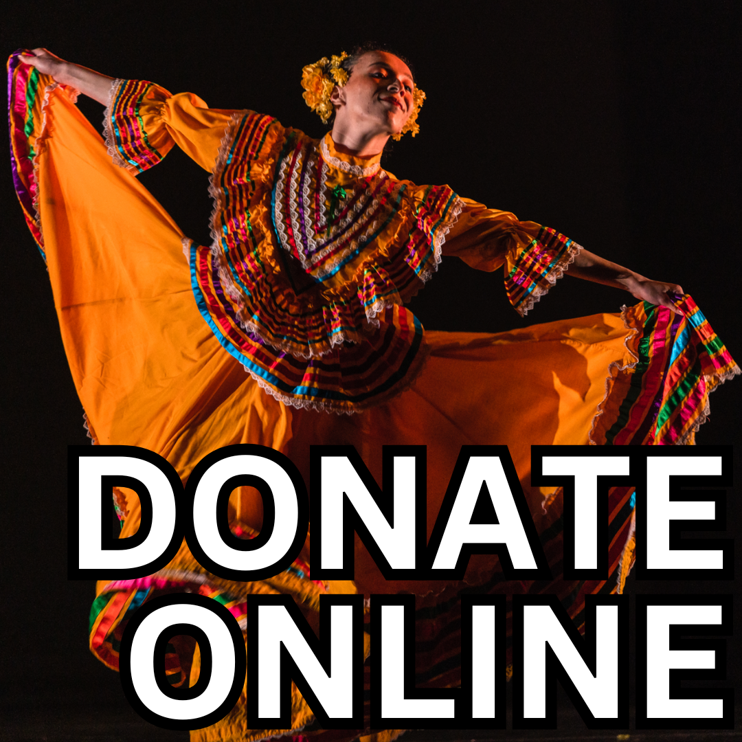 Dancer in Folklorico dress leaning to the right with the words "Donate Online" written in front.