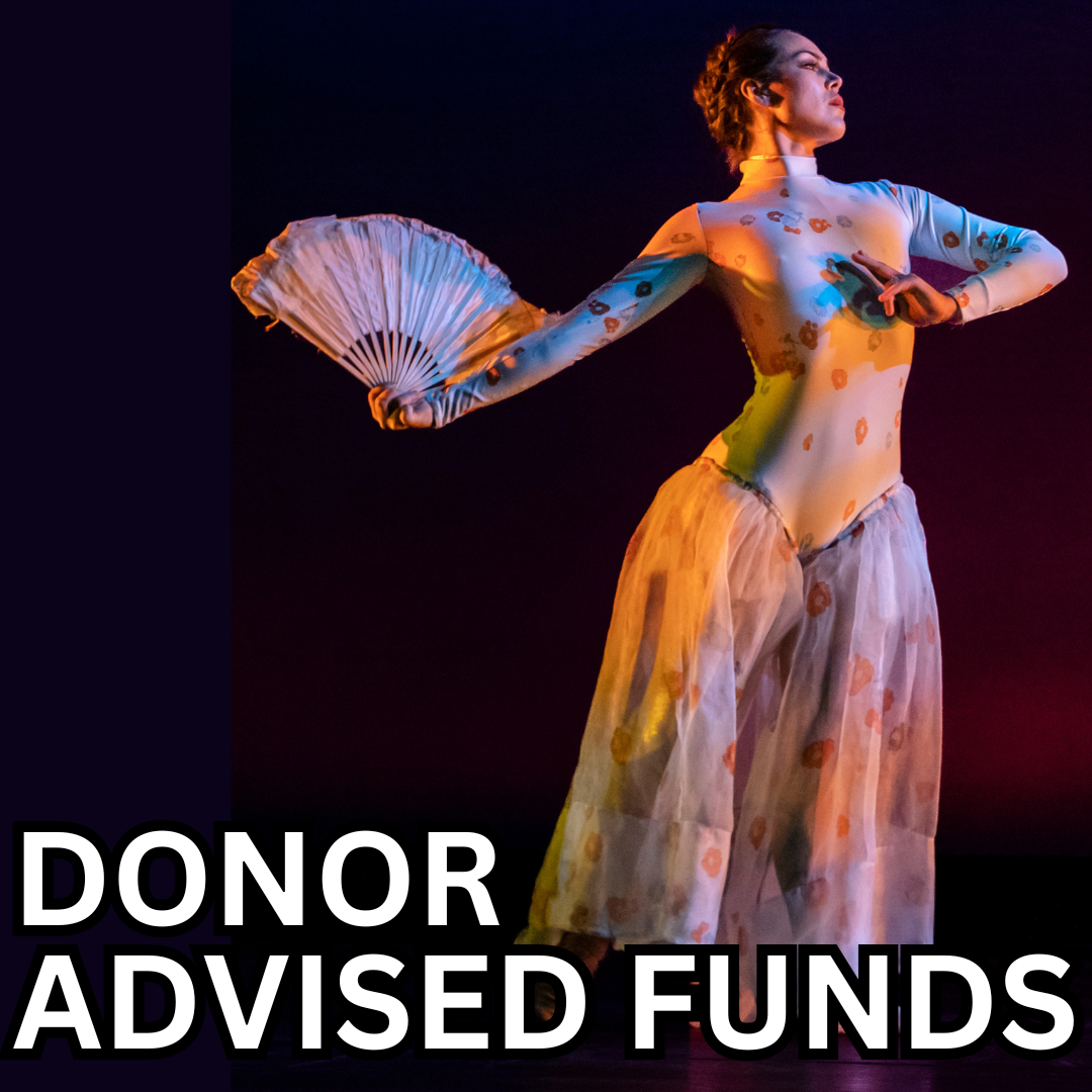 Dancer in Folklorico dress leaning to the right with the words "Donate Online" written in front.