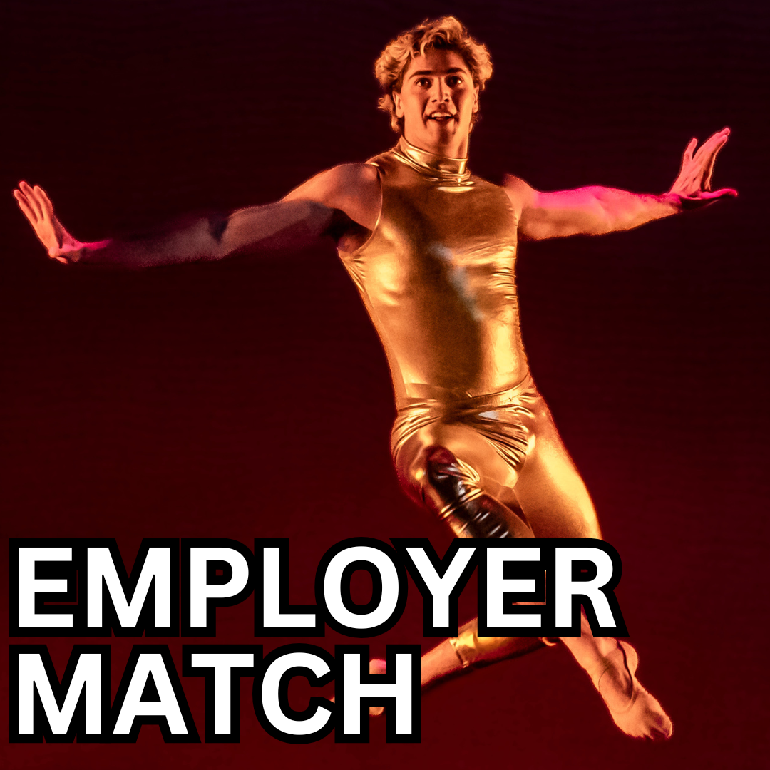 Dancer jumping with arms outstretched with the words "Employer Match" written in front.