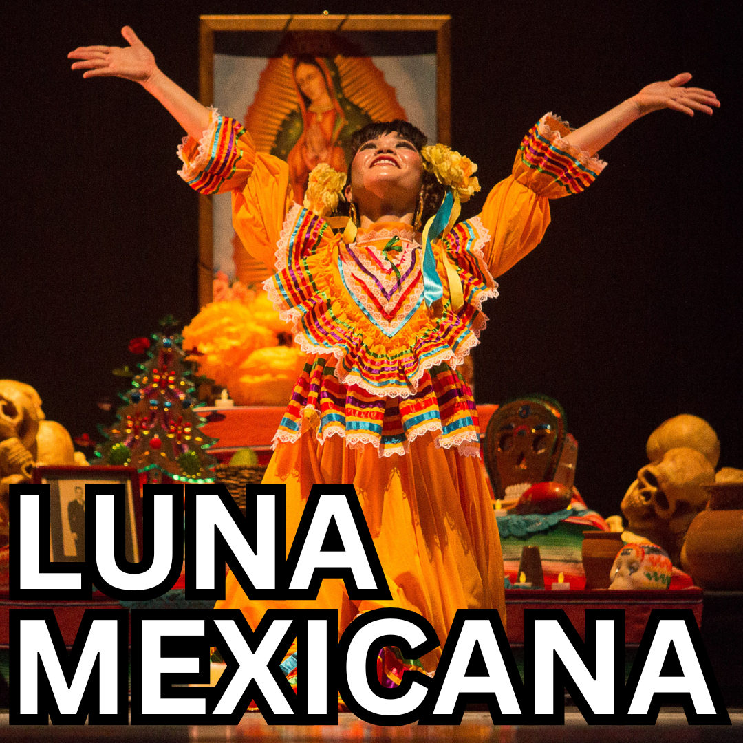 Girl gesturing upwards with arms raised with the words Luna Mexicana written in front