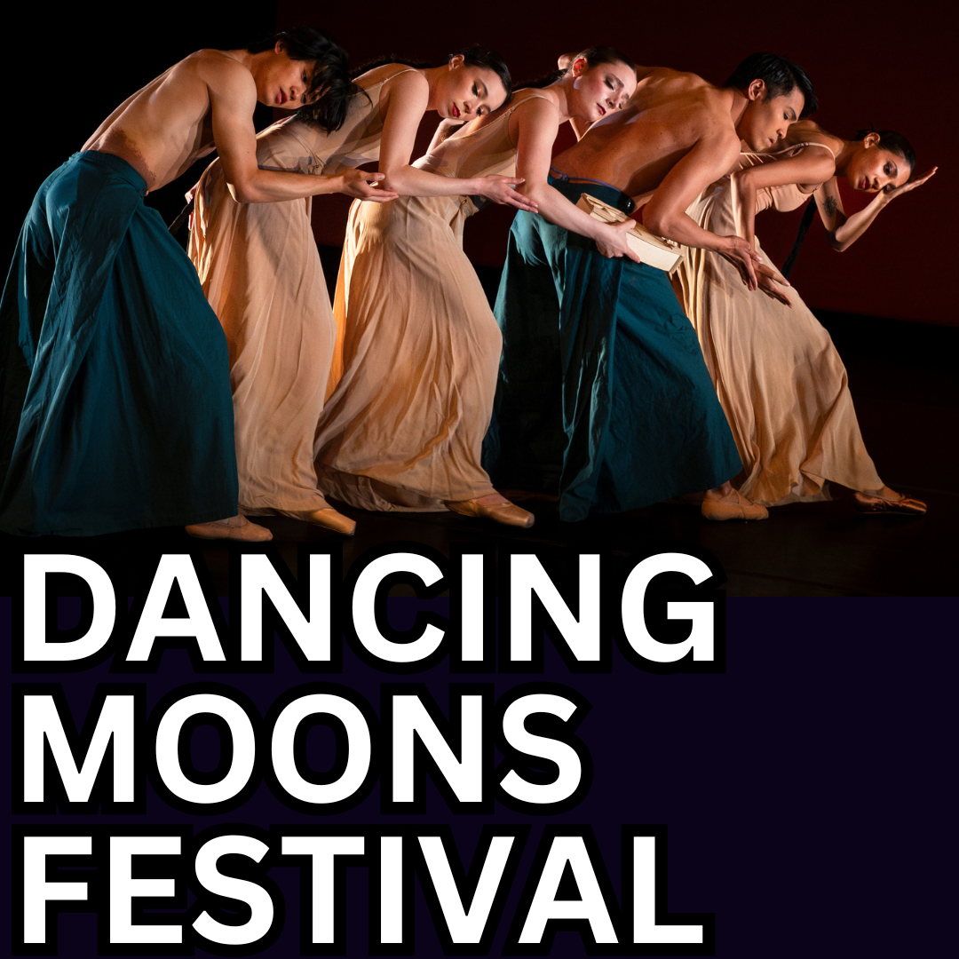 Dancers leaning on one another in a line with the front dancer with her hand on her head and the words Dancing Moons Festival written below.