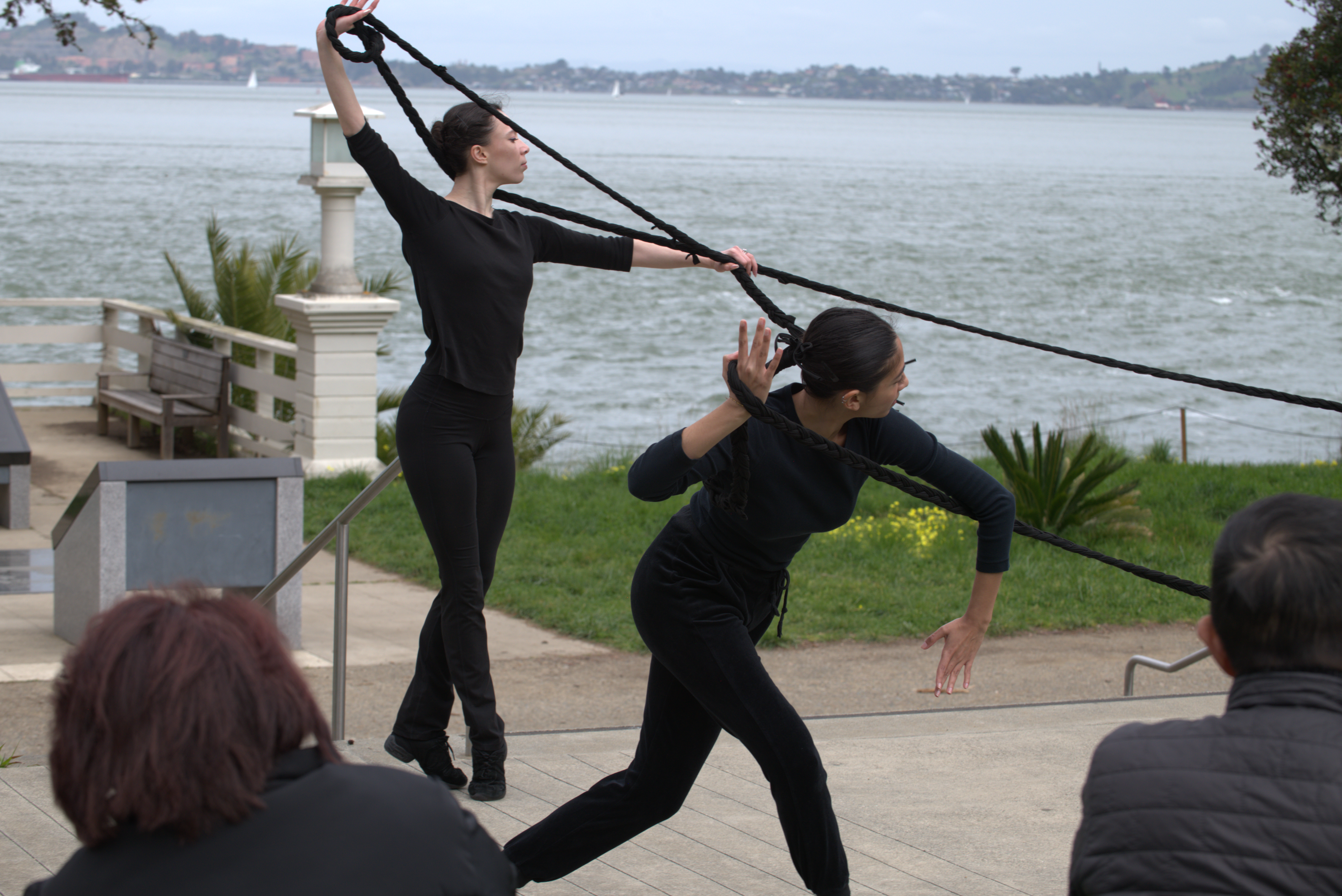 2 dancers looking to the right attached by a long braid on Angel Island