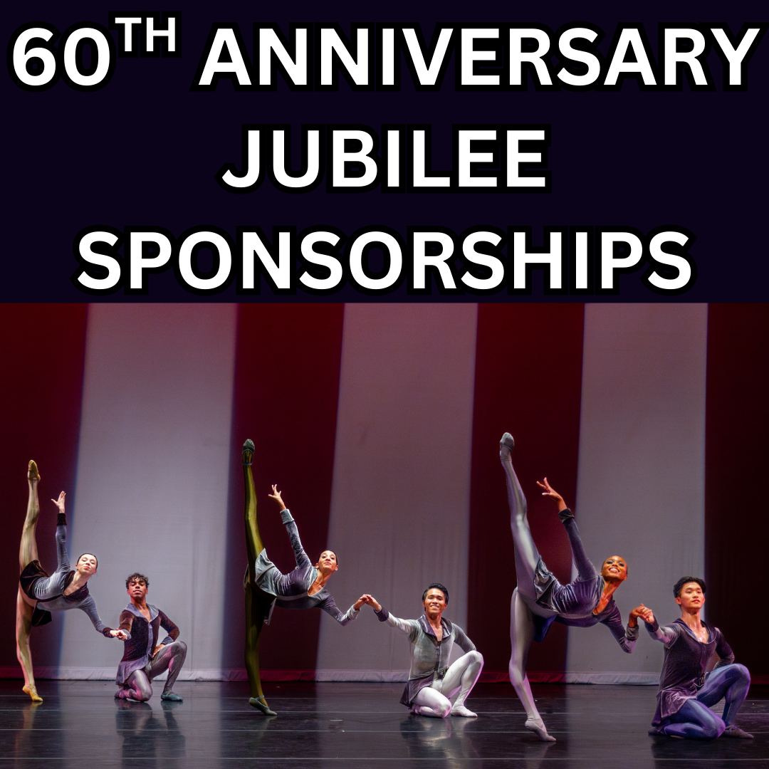 3 dancers in arabesque each supported by a kneeling dancer with the words 60th Anniversary Jubilee Sponsorships written on top