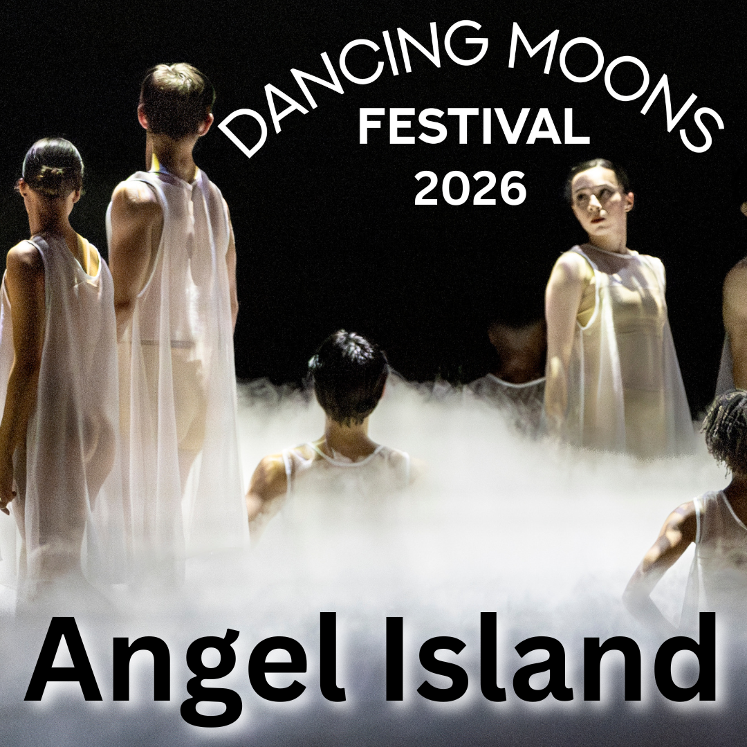 Dancers in white walking and kneeling in smoke with the words Angel Island written in front.