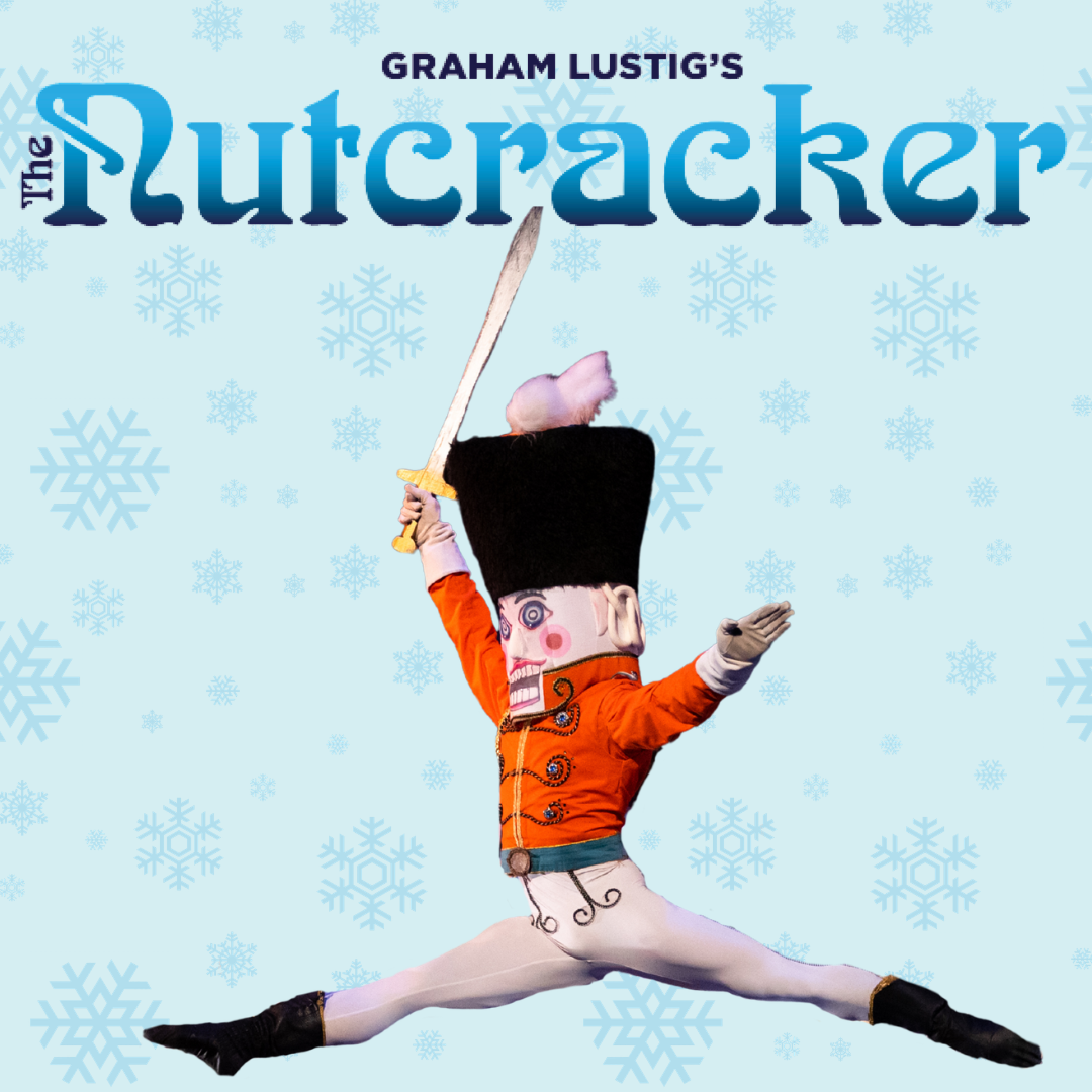 Nutcracker in front of snowflakes