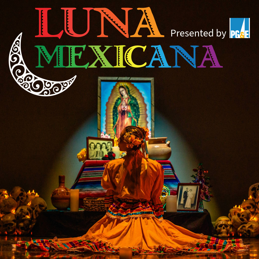 Luna Website Button Luna Mexicana logo written above girl in front of ofrenda
