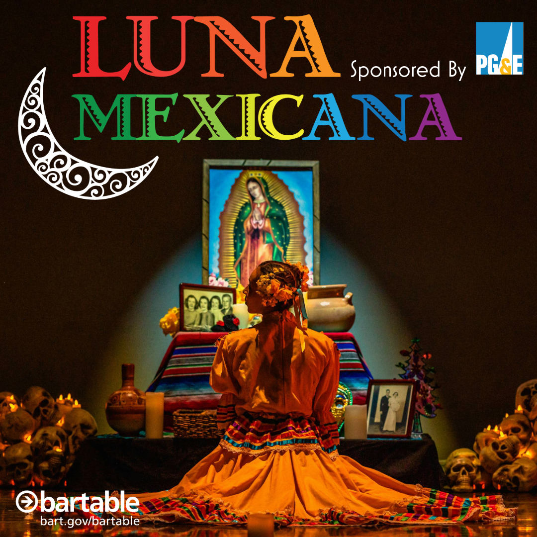 Luna Mexicana logo written above girl in front of ofrenda